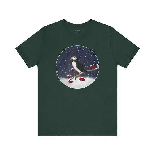 Puffin on a Winter Branch Birdwatcher Christmas Bird T-Shirt