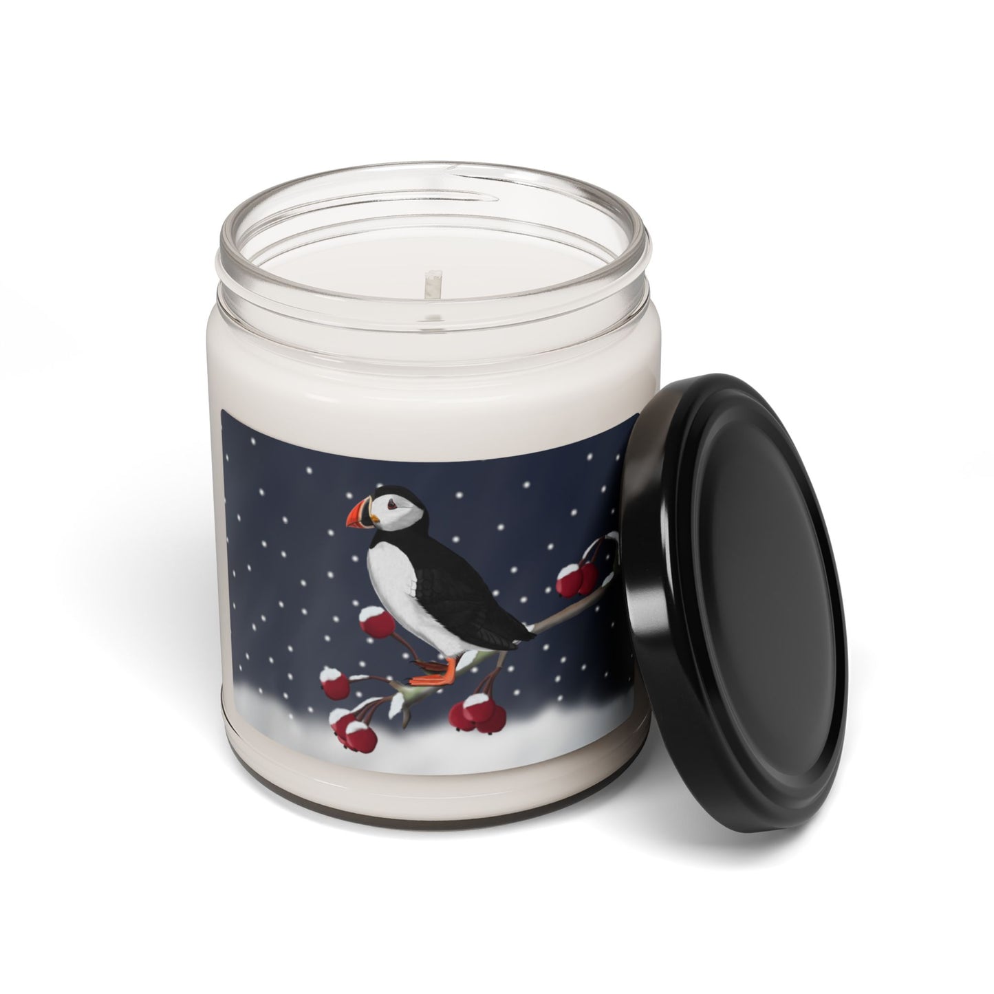 Puffin on a Winter Branch Christmas Bird Art Scented Soy Candle, 9oz