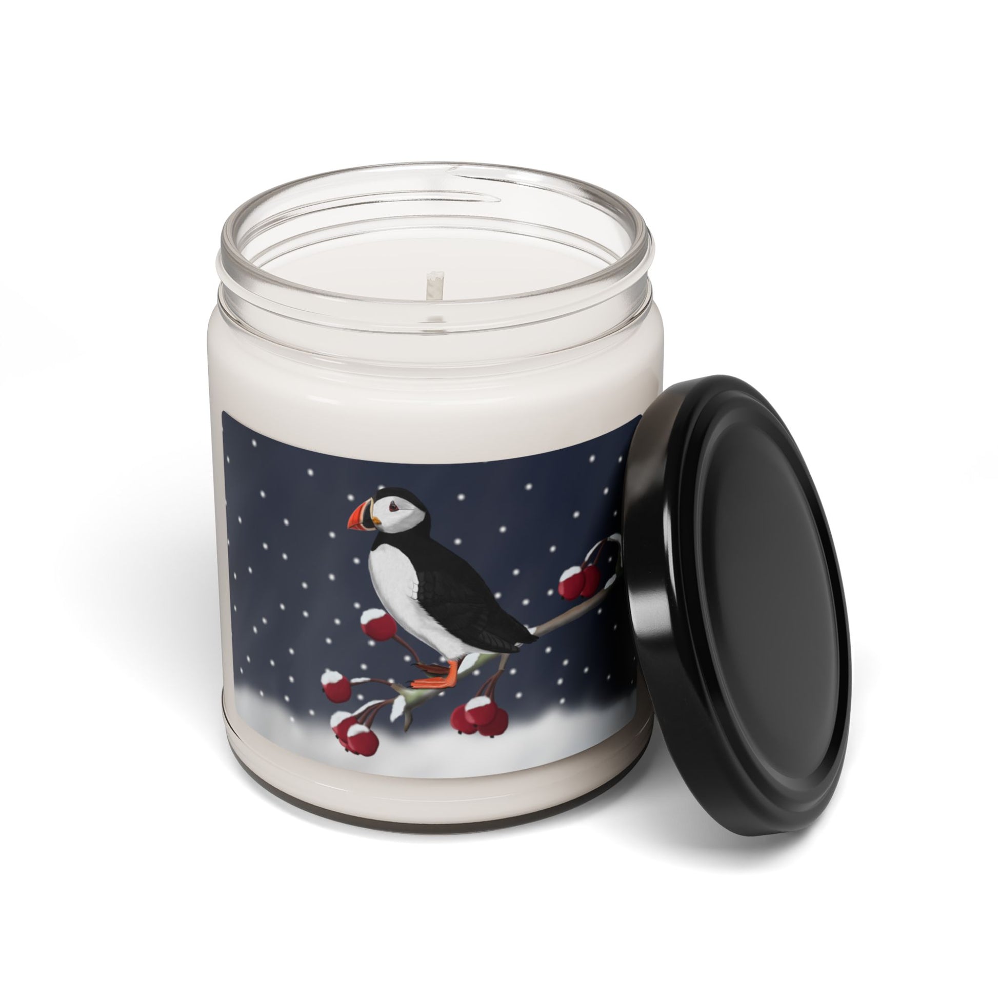 Puffin on a Winter Branch Christmas Bird Art Scented Soy Candle, 9oz