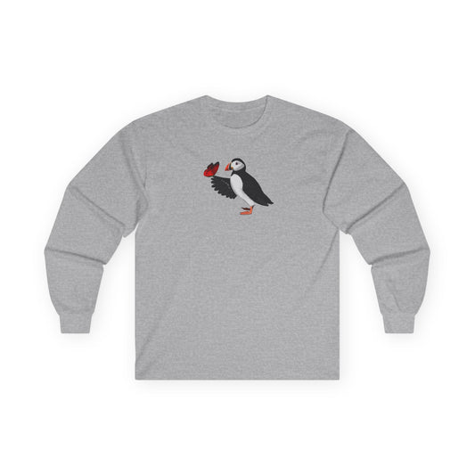 Puffin with Butterfly Birding & Birdwatching Bird Cotton Long Sleeve T-Shirt