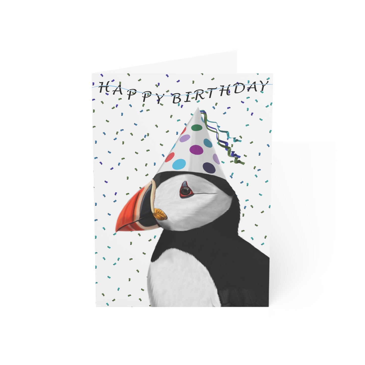 Birthday card with a puffin wearing a party hat and 'Happy Birthday' text on a white background.