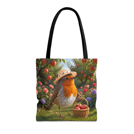 Quadratische Tragetasche aus Stoff mit schwarzen Baumwollgriffen. Auf der Tasche ist eine digitale Illustration von einem niedlichen Rotkehlchen namens Rosi aufgedruckt, das einen Sonnenhut trägt und mit einem vollen Apfelkörbchen unter Apfelbäumen in einem Garten steht.