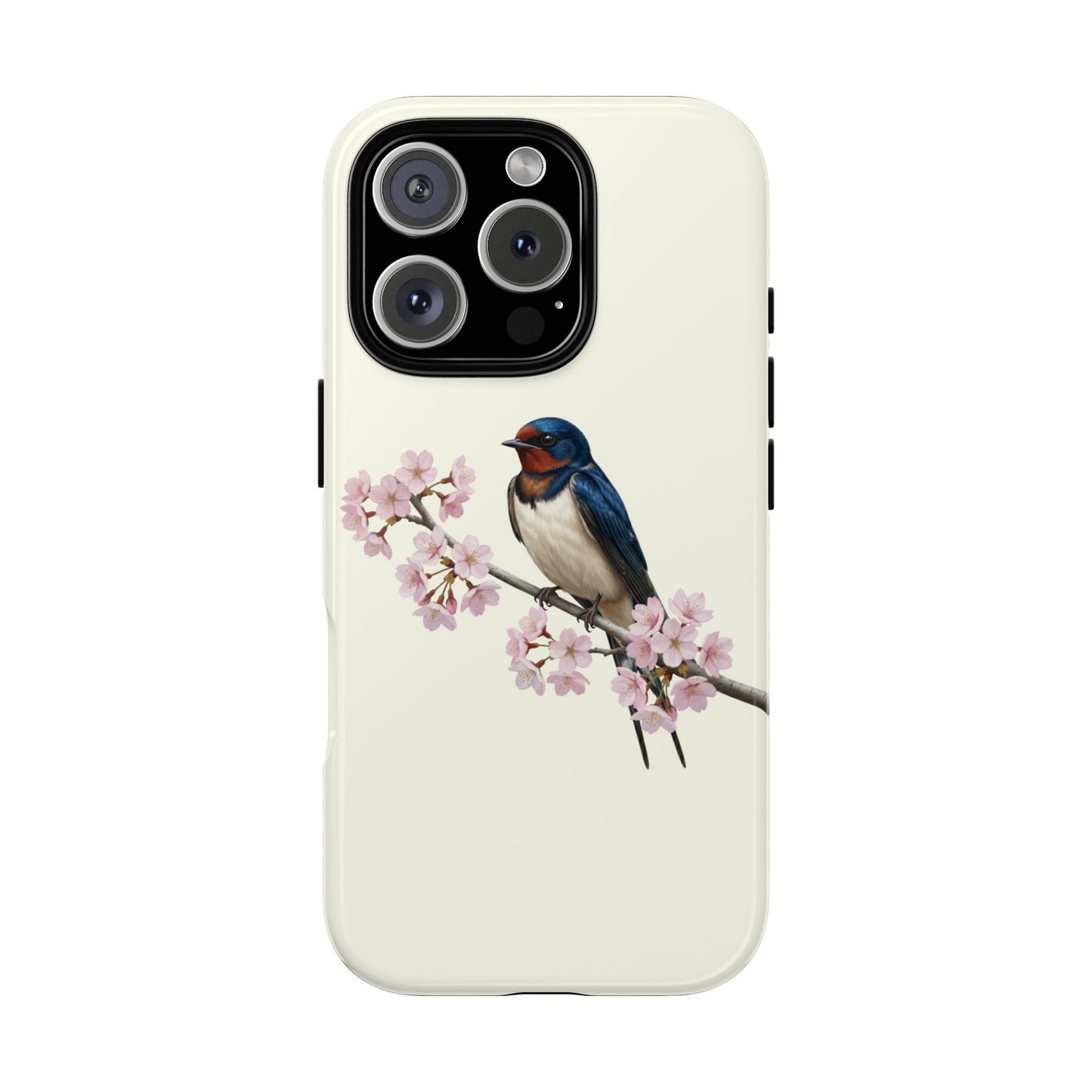 Rauchschwalbe Handyhülle in Cremeweiß | Florales Kirschblüten Vogel-Motiv für iPhone & Google Pixel