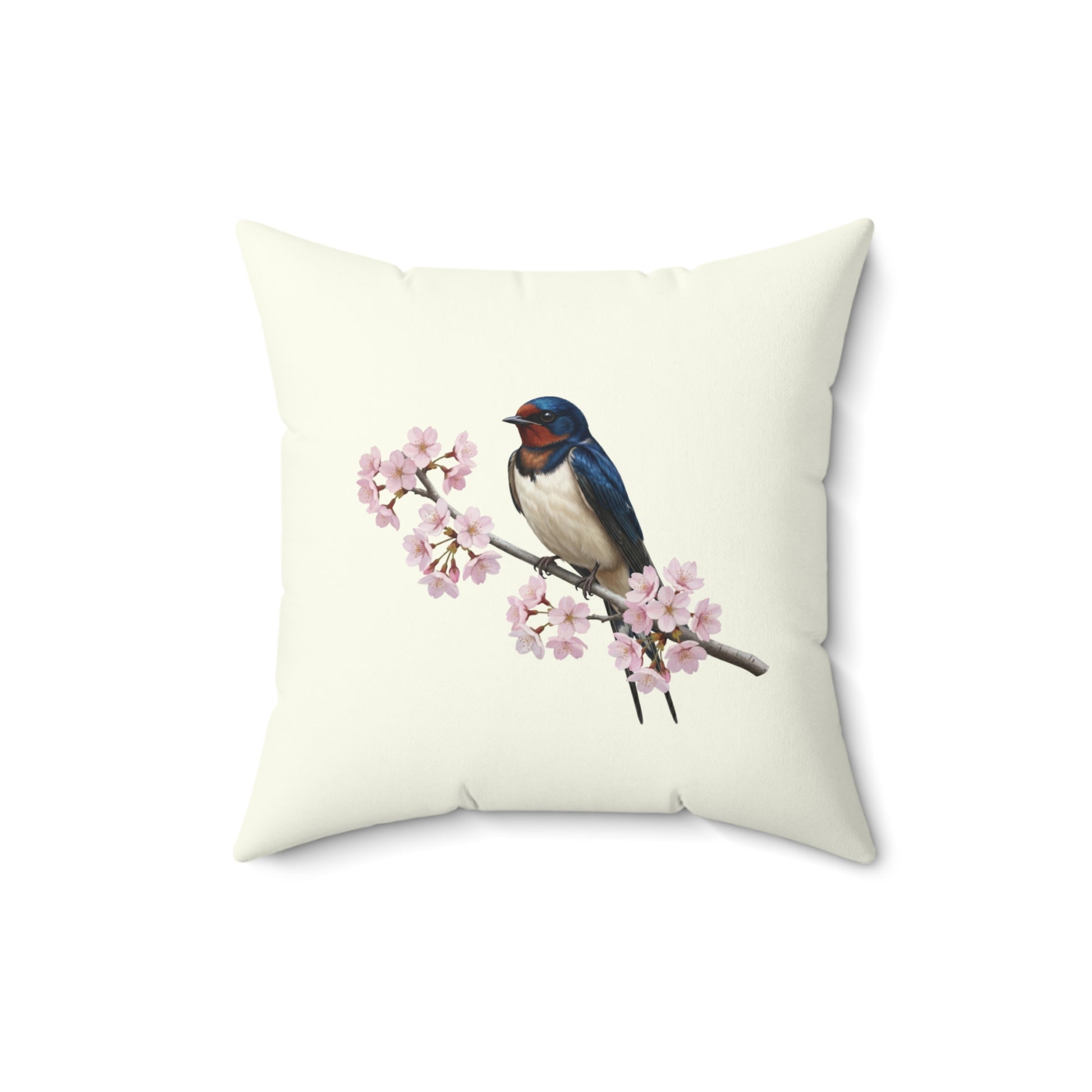 Rauchschwalbe Kissen mit Kirschblüten in Cremeweiß | Dekokissen 40x40 mit Vogelmotiv