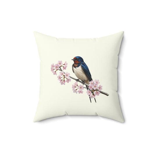 Rauchschwalbe Kissen mit Kirschblüten in Cremeweiß | Dekokissen 40x40 mit Vogelmotiv