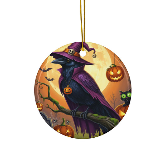 Raven Bird Halloween Ornament, Double-Sided Ceramic Decor for Spooky Season