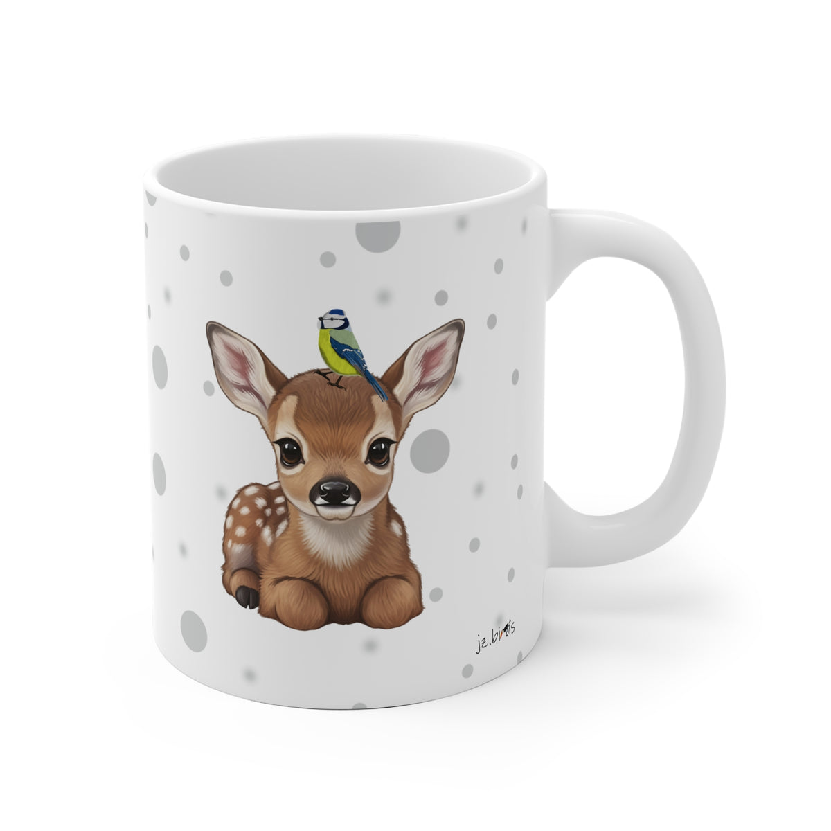 Rehkitz Tasse mit Blaumeise Tiermotiv Punkte Grau – jz.birds