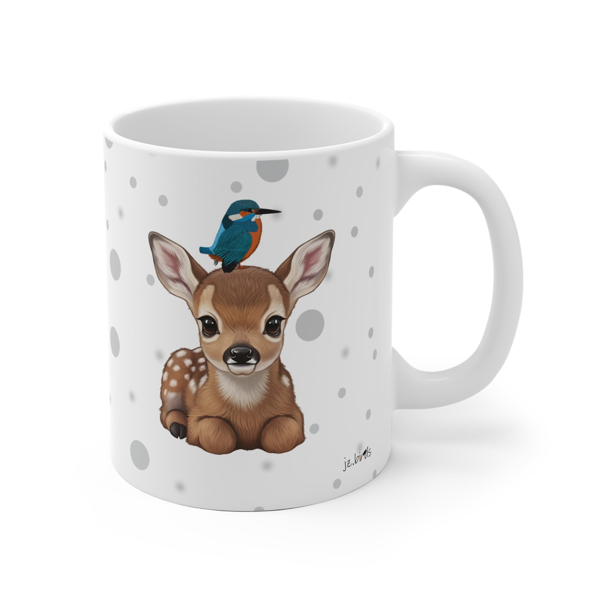 Rehkitz Tasse mit Eisvogel Tiermotiv Punkte Grau