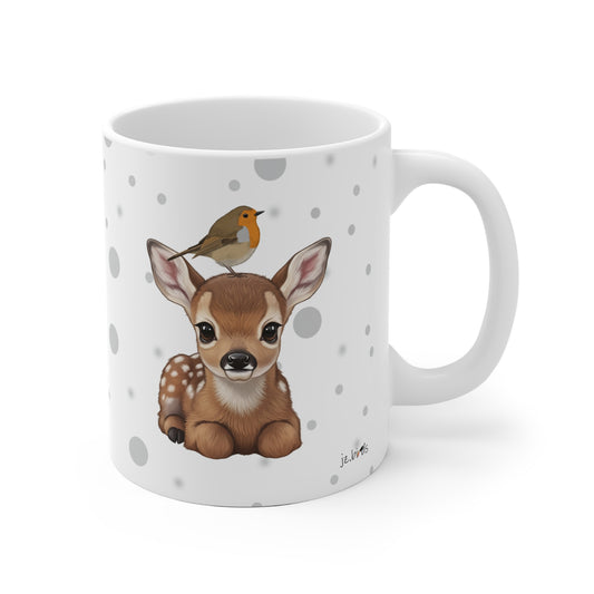 Rehkitz Tasse mit Rotkehlchen Tiermotiv Punkte Grau