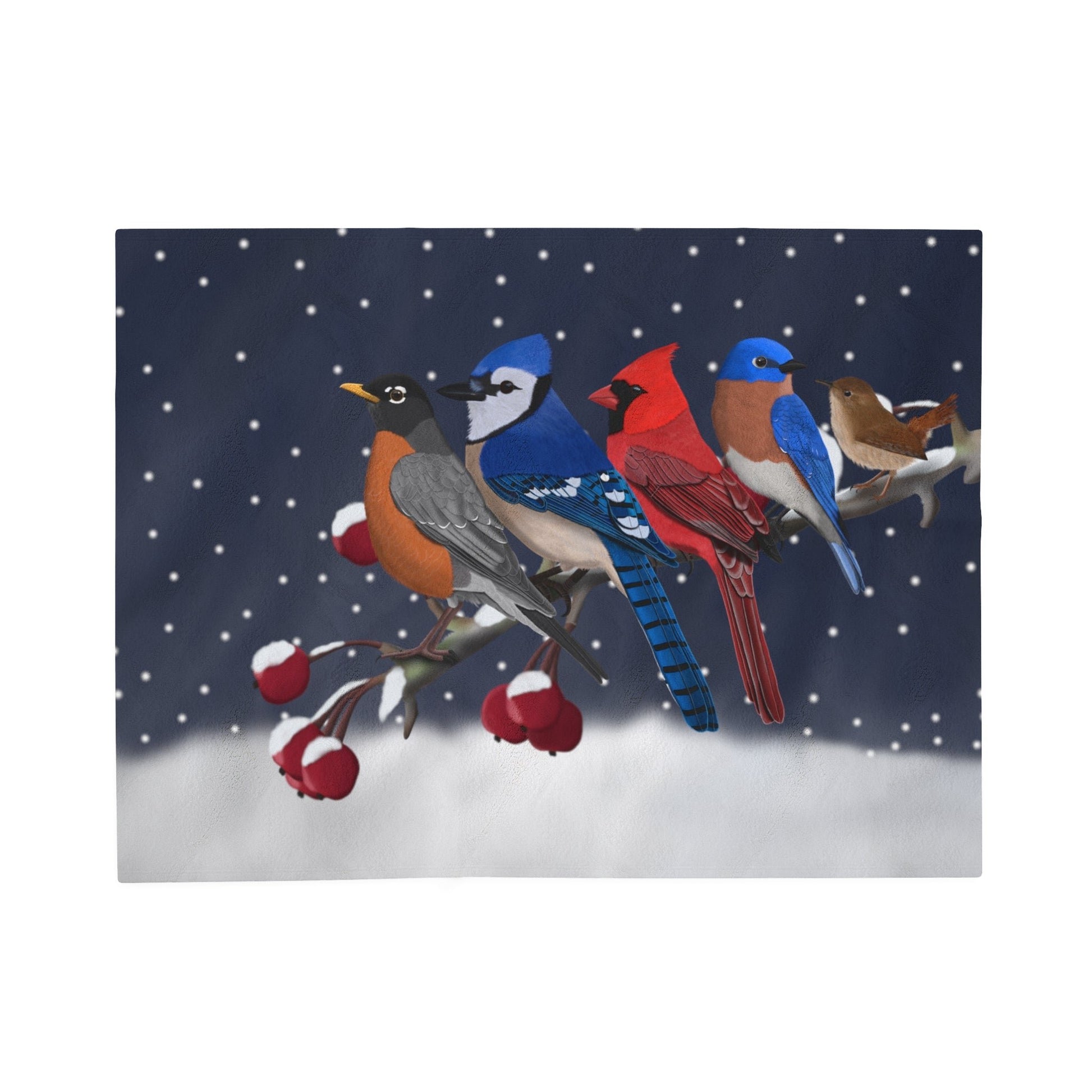 Robin Blue Jay Cardinal Bluebird Wren Bird Christmas Winter Branch Velveteen Plush Blanket
