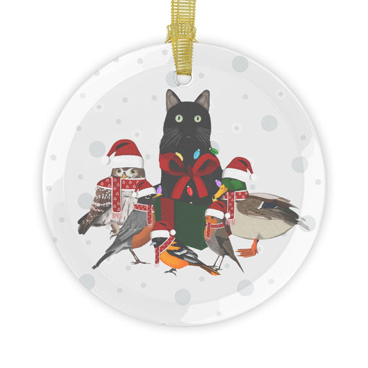 Robin Oriole Mallard Owl and Cat as Santa Claus with Fairy Lights Christmas Glass Ornament