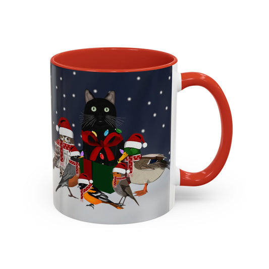 Robin Oriole Mallard Owl and Cat with Christmas Hat and Scarf Snow Bird Coffee Mug