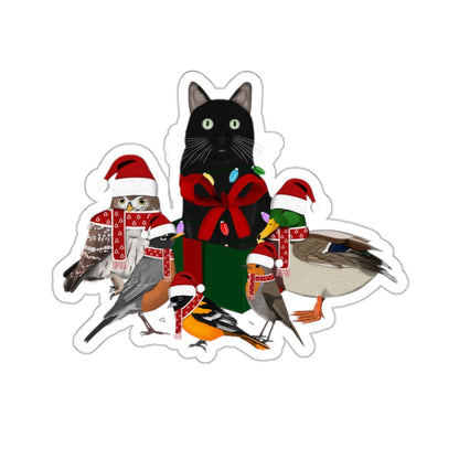 Robin Oriole Mallard Owl and Cat with Fairy Lights Santa Claus Hat and Scarf Christmas Bird Sticker