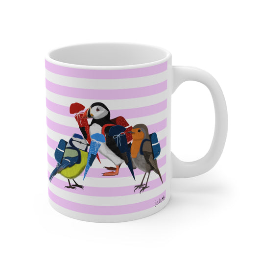Robin Puffin Blue Titmouse School Enrollment First Day of School Bird Ceramic Mug 11oz Pink