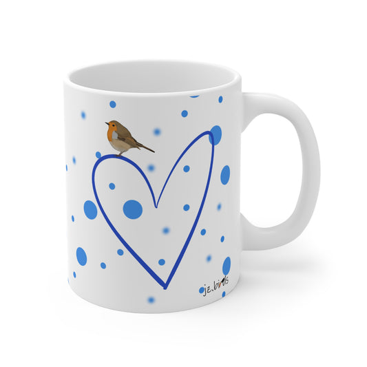 Robin Valentine's Day Bird Mug 11oz Blue Heart