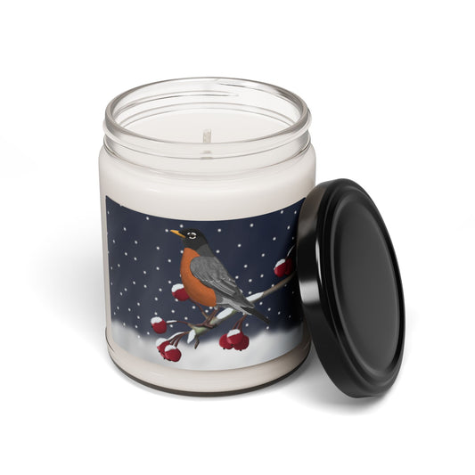 Robin on a Winter Branch Christmas Bird Art Scented Soy Candle, 9oz