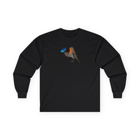 Robin with Butterfly Birding & Birdwatching Bird Cotton Long Sleeve T-Shirt