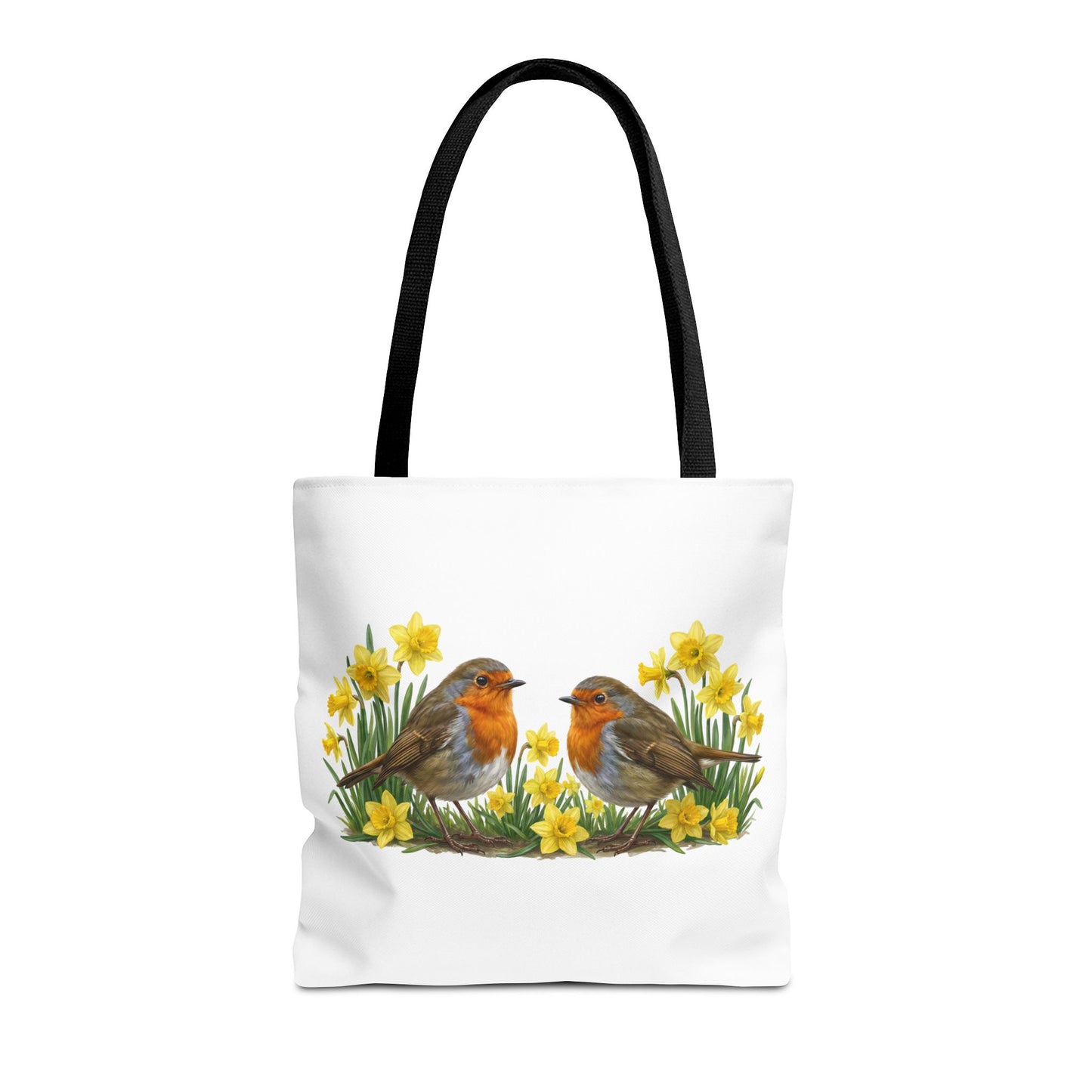 Robuste Einkaufstasche mit Frühlings-Motiv: Rotkehlchen zwischen gelben Osterglocken.