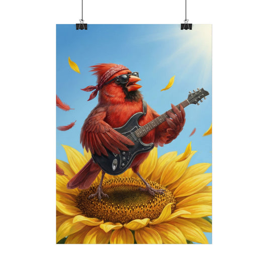 Rockstar Kinderzimmer Poster – Roter Kardinal Vogel auf Sonnenblume mit Gitarre | Wandbild Kinder Deko