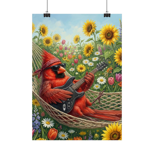 Rockstar Vogel Kinderzimmer Poster – Roter Kardinal mit E-Gitarre in Hängematte | Cooles Wandbild Musik & Blumenwiese