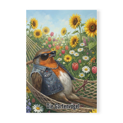 Rocky Rotkehlchen in der Hängematte - Premium Notizbuch A5 mit Vogelmotiv | Die Gartenvögel