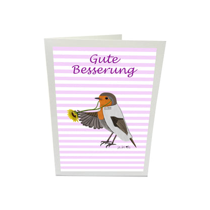 Rosi Rotkehlchen Gute Besserung Vogel Genesungskarte mit Umschlag Blau/Rosa