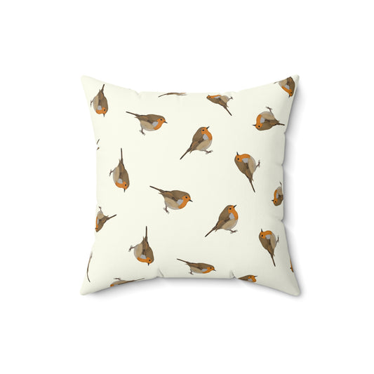 Rotkehlchen Dekokissen in Cremeweiß | Gemaltes Vogelmotiv & Sofakissen 40x40cm für Naturfreunde