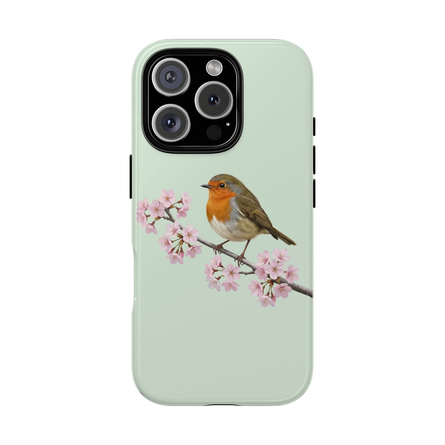 Rotkehlchen Handyhülle in Salbeigrün | Florales Kirschblüten Vogel-Motiv für iPhone & Google Pixel