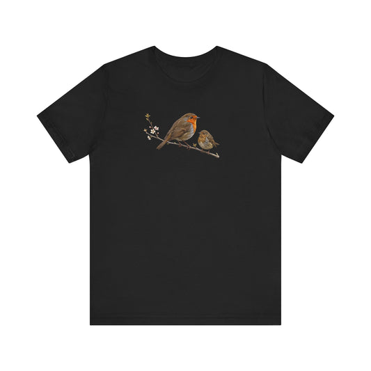 Rotkehlchen & Jungvogel T-Shirt | Frühlingsblüten Vogelmotiv für Vogelbeobachter