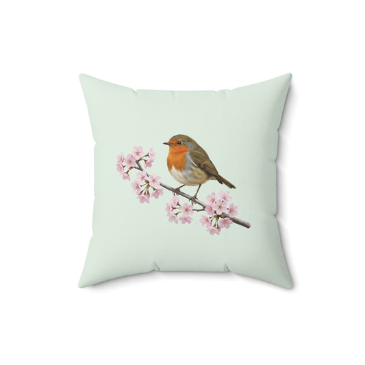 Rotkehlchen Kissen mit Kirschblüten in Salbeigrün | Dekokissen 40x40 mit Vogelmotiv