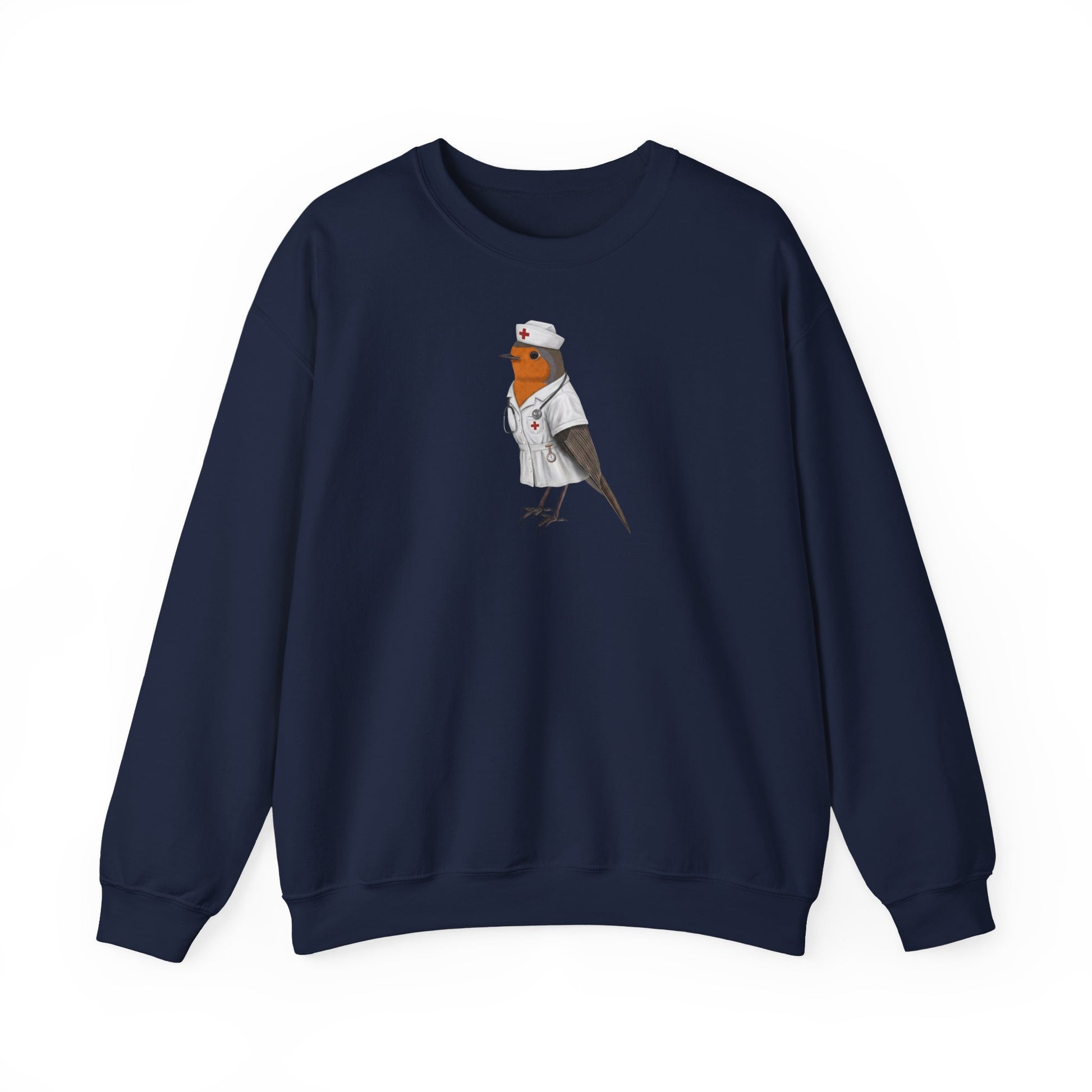 Navy blue sweatshirt with a graphic of a bird in a chef's outfit on a white background