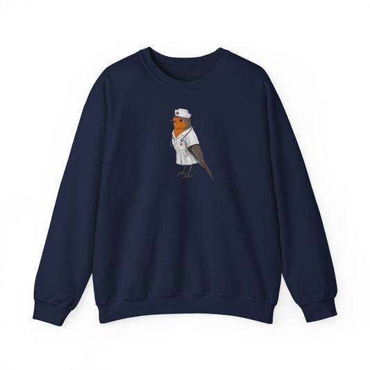 Navy blue sweatshirt with a graphic of a bird in a chef's outfit on a white background