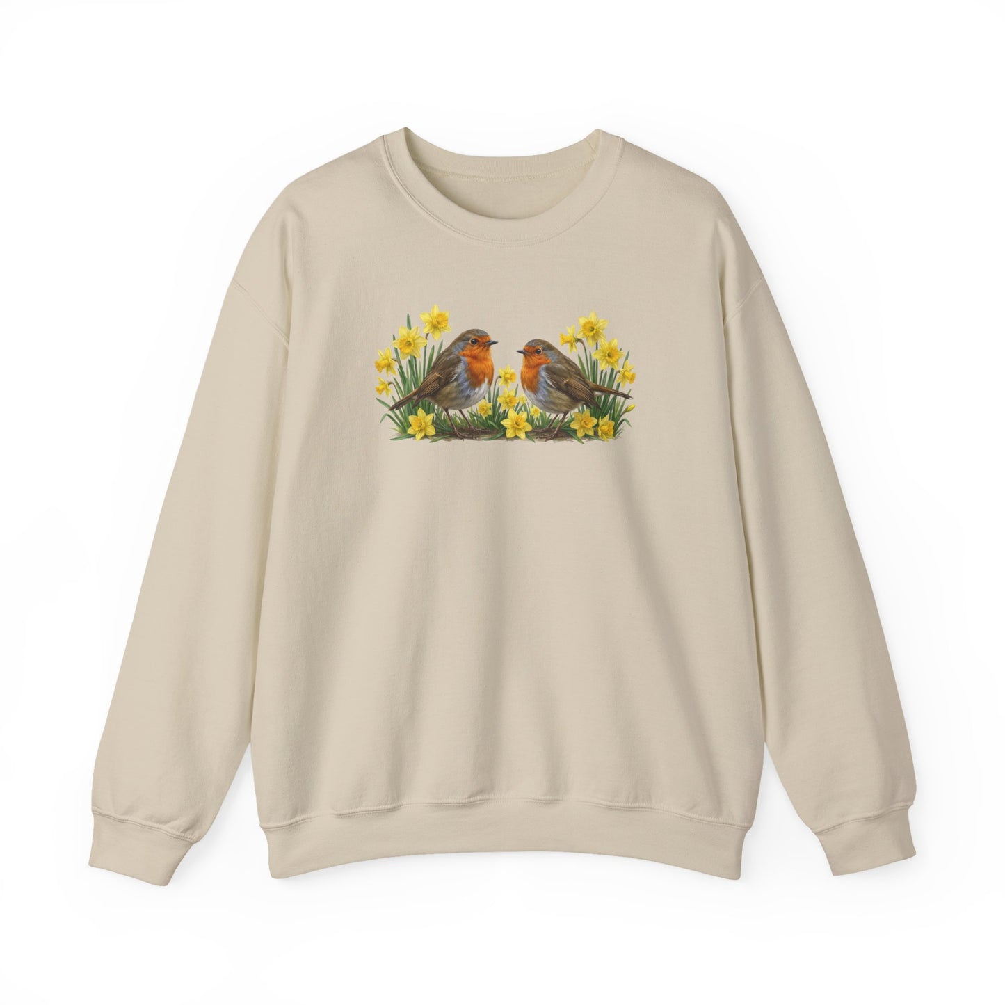 Beige sweatshirt with a graphic of two european robins and flowers on a white background