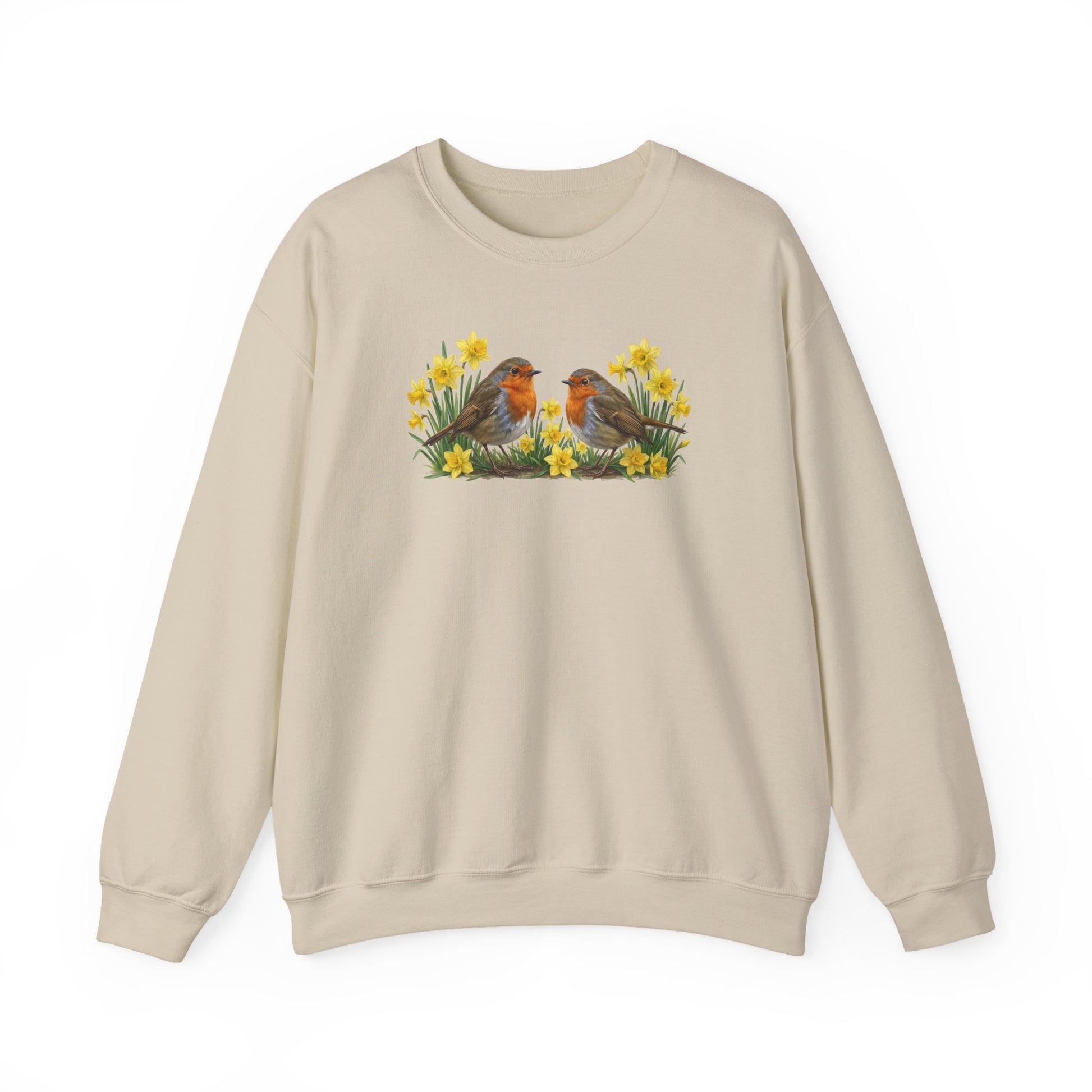 Beige sweatshirt with a graphic of two european robins and flowers on a white background