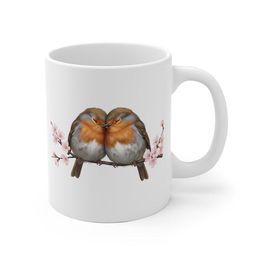 White mug with two birds on a branch design on a white background for valentine's day