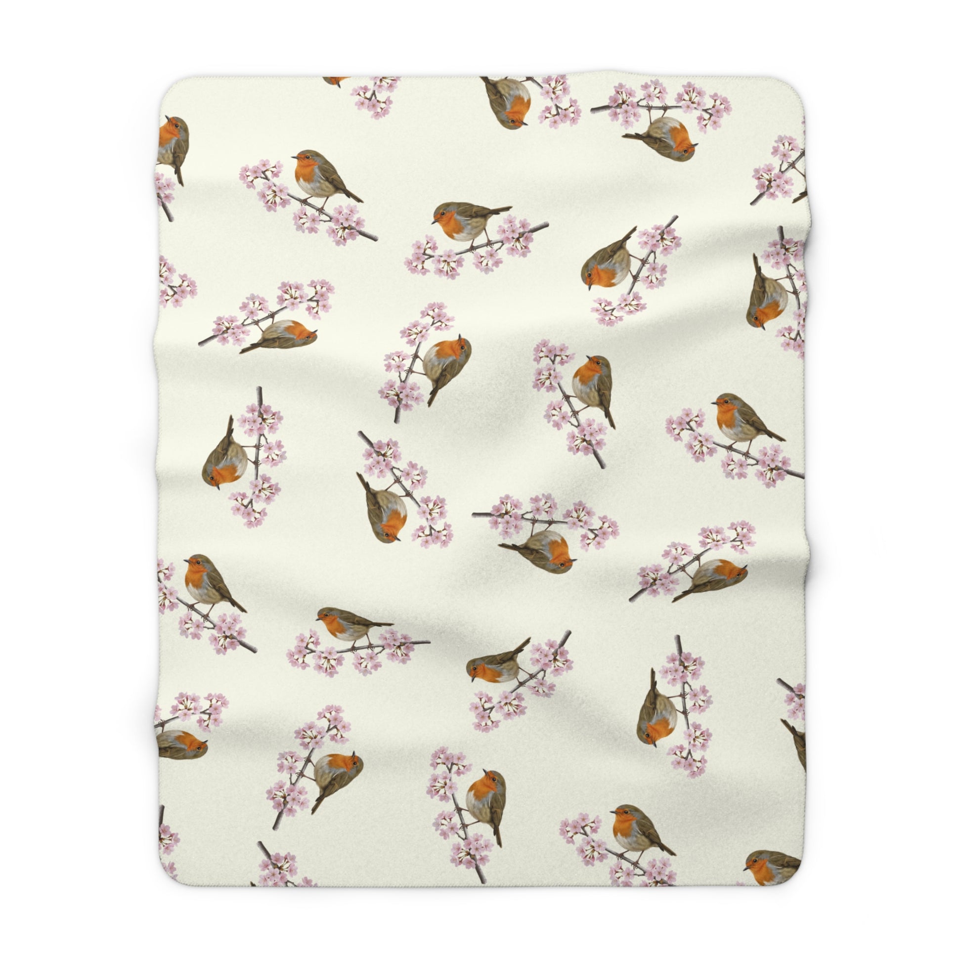 Rotkehlchen Premium Sherpa-Fleece Decke in Cremeweiß | Kuscheldecke mit Vogelmotiv (150x200cm)