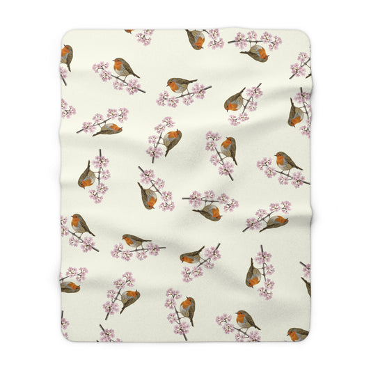 Rotkehlchen Premium Sherpa-Fleece Decke in Cremeweiß | Kuscheldecke mit Vogelmotiv (150x200cm)