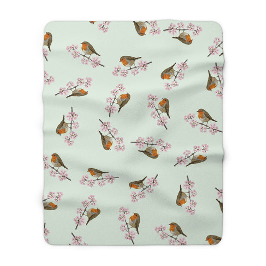 Rotkehlchen Premium Sherpa-Fleece Decke in Salbeigrün | Kuscheldecke mit Vogelmotiv (150x200cm)
