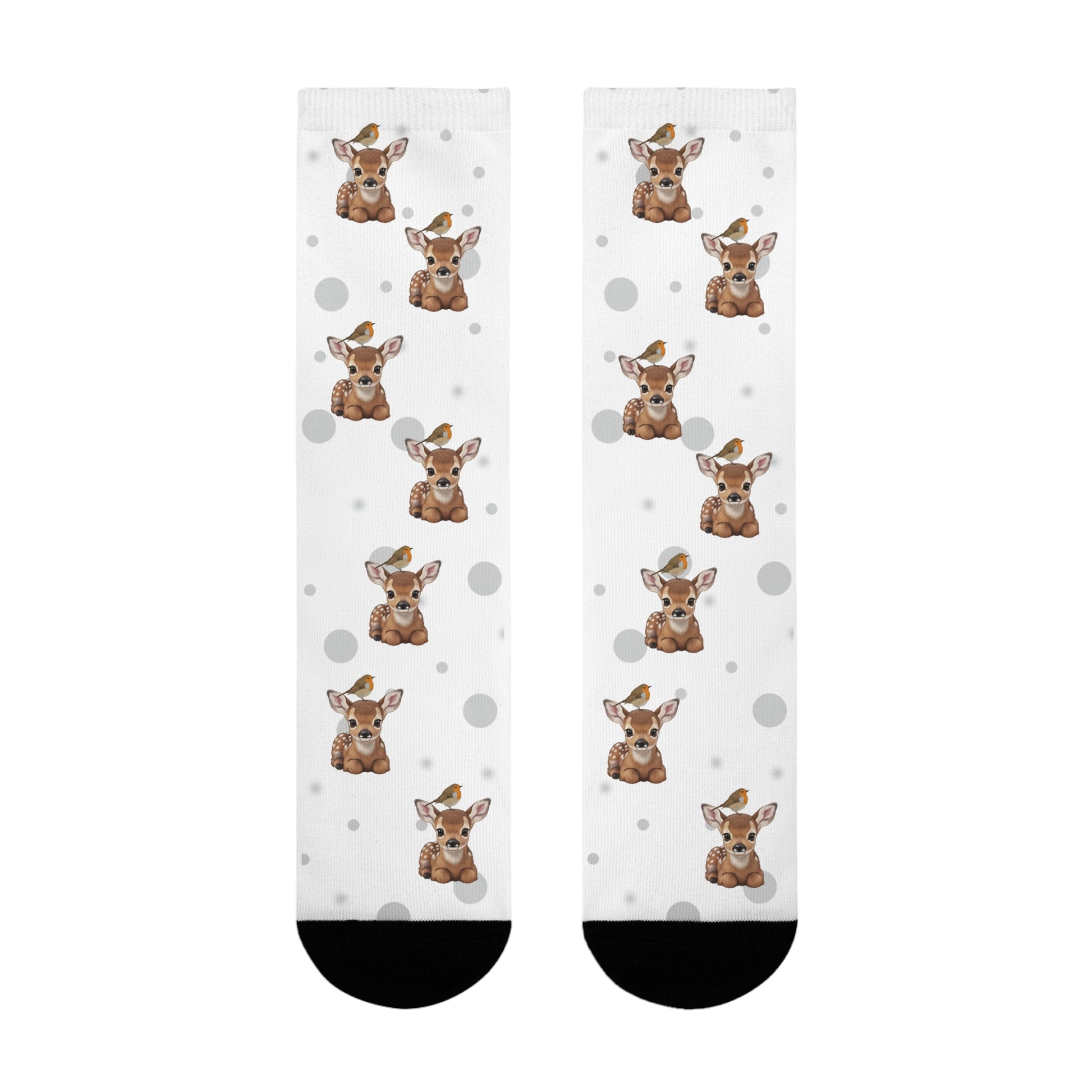 Rotkehlchen Socken mit Rehkitz Vogelsocken mit Tiermotiven Graue Punkte