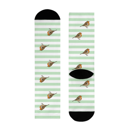 Rotkehlchen Socken mit Streifen in Salbeigrün Weiß – Geschenk für Vogelliebhaber & Ornithologen