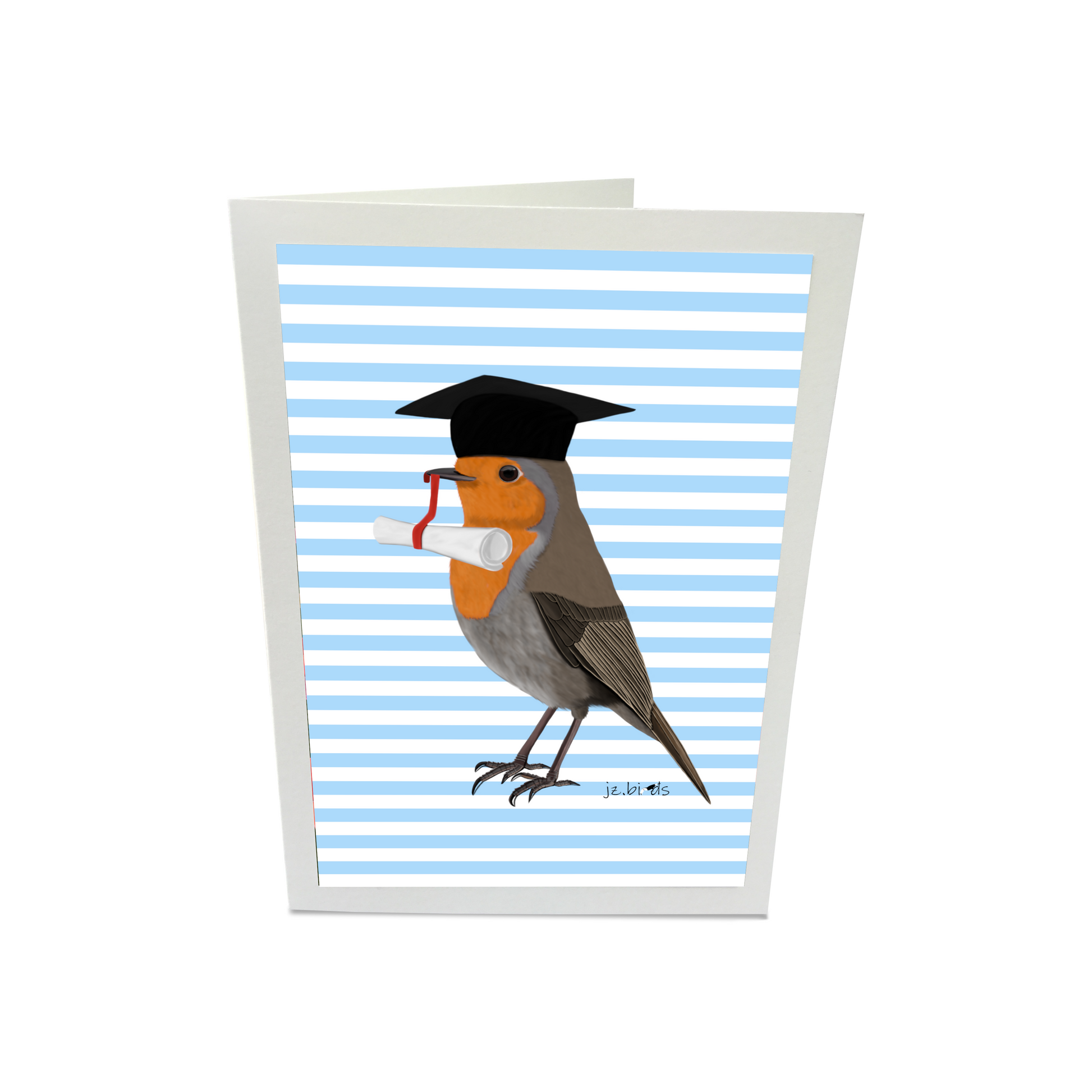 Rotkehlchen Vogel Glückwunschkarte Schulabschluss Abitur Uni Streifen Rosa/Blau Farbe Personalisierbar