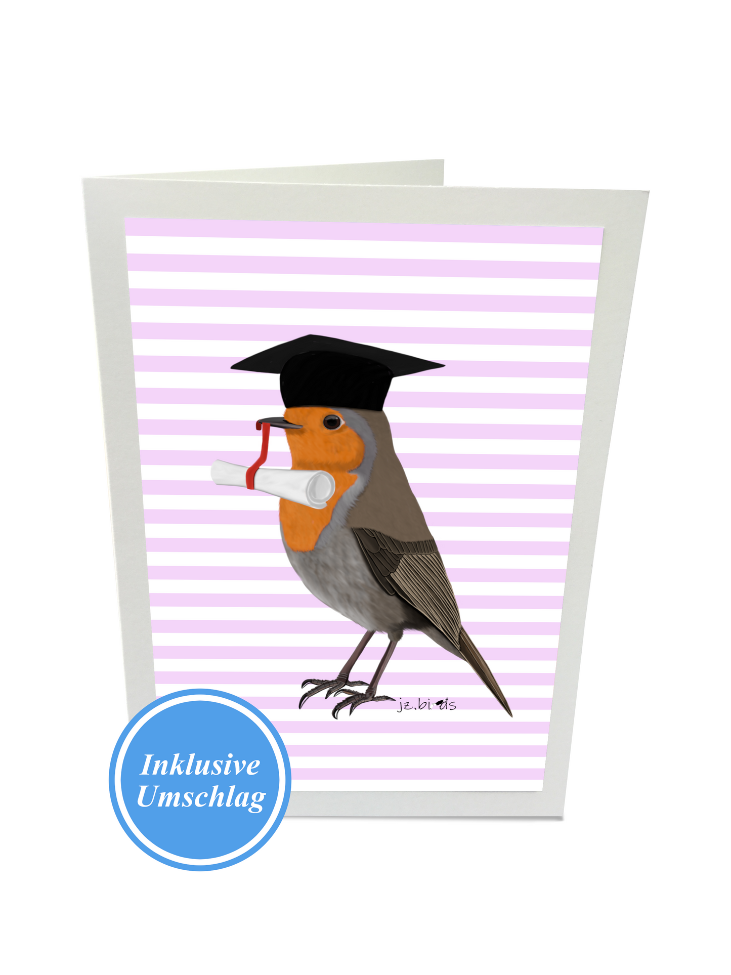 Rotkehlchen Vogel Glückwunschkarte Schulabschluss Abitur Uni Streifen Rosa/Blau Farbe Personalisierbar