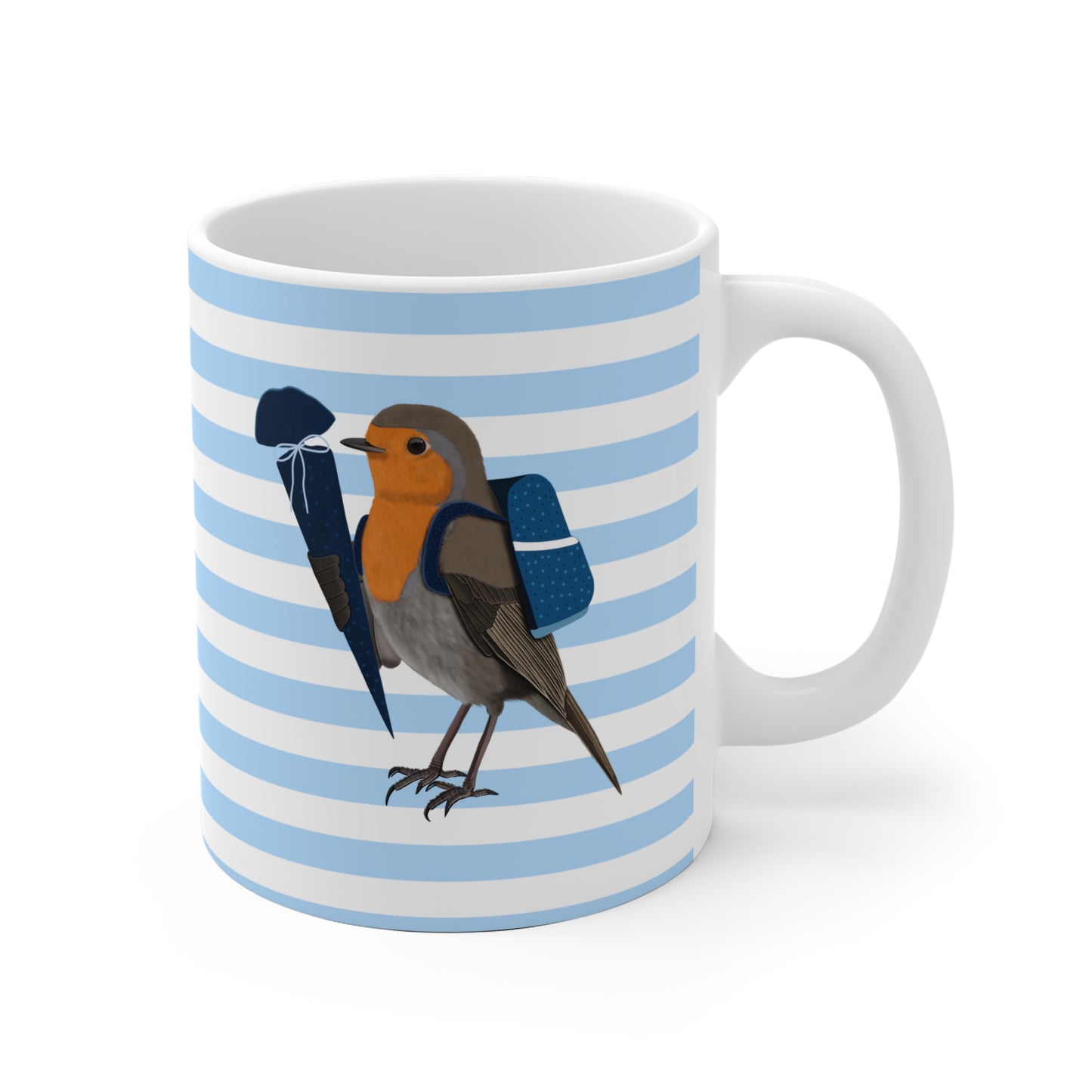 Rotkehlchen Vogel Tasse als Geschenk zur Einschulung Blau Weiß