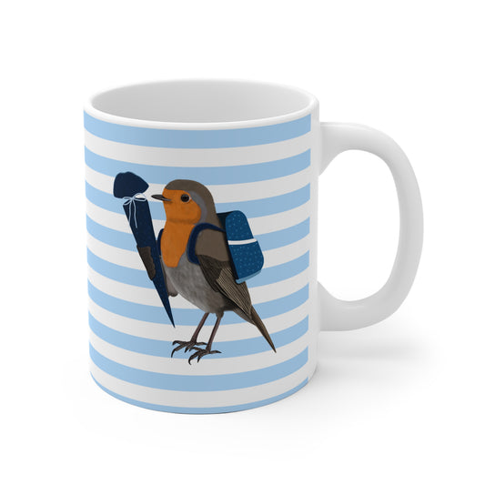 Rotkehlchen Vogel Tasse als Geschenk zur Einschulung Blau Weiß