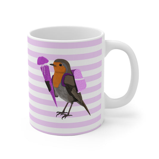 Rotkehlchen Vogel Tasse als Geschenk zur Einschulung Rosa Weiß