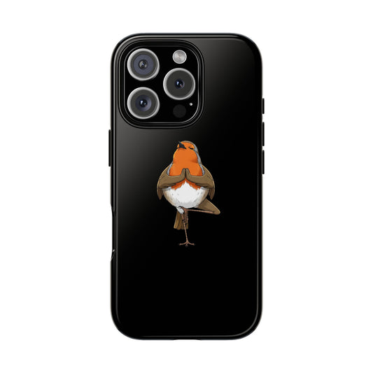 Schwarze iPhone Handyhülle mit einem Rotkehlchen das eine Yoga Übung macht