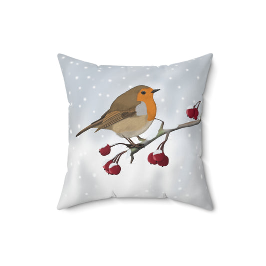 Rotkehlchen auf einem Ast im Schnee Kissen mit Vogel
