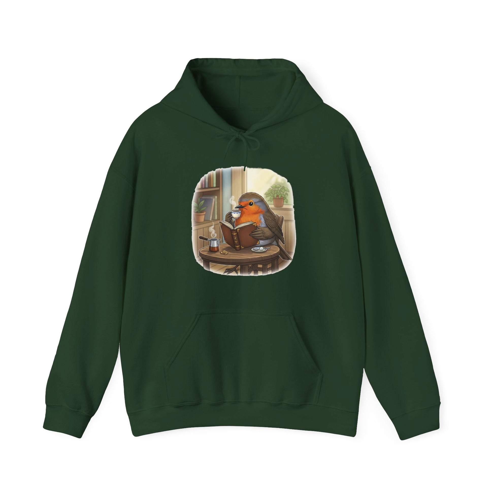 Rotkehlchen liest Bücher und trinkt Kaffee Vogel Hoodie - Kapuzenpullover für Vogelbeobachter mit Vogelmotiv