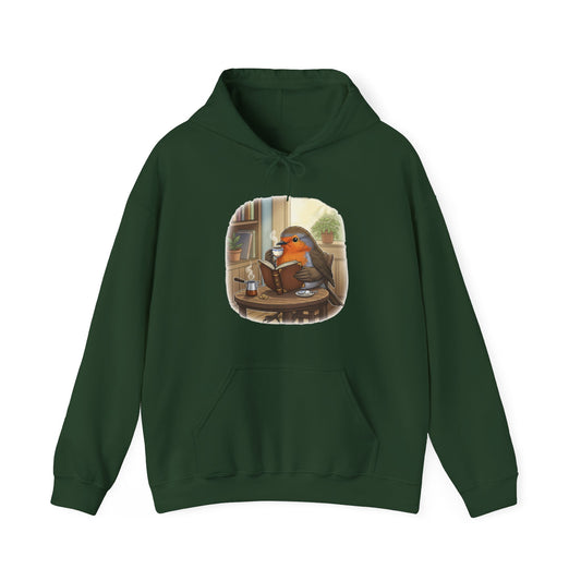 Rotkehlchen liest Bücher und trinkt Kaffee Vogel Hoodie - Kapuzenpullover für Vogelbeobachter mit Vogelmotiv