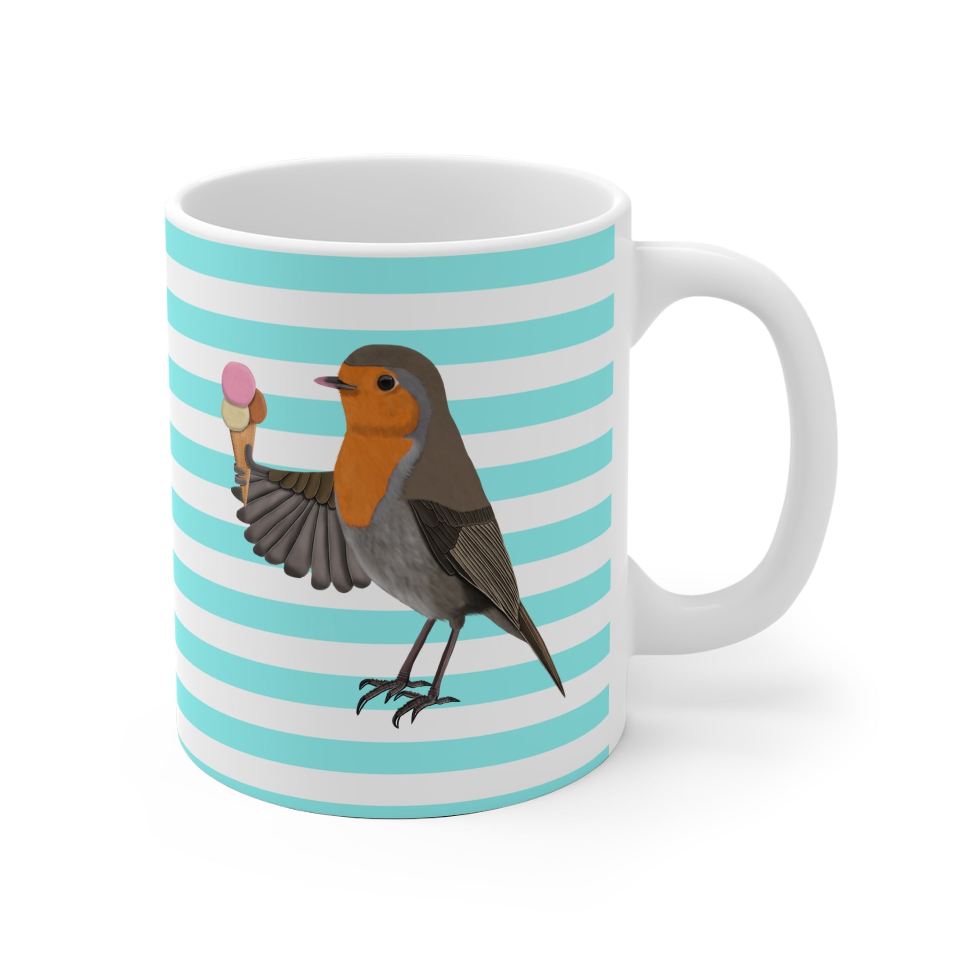 Rotkehlchen mit Eis Vogel Tasse Türkis Weiß